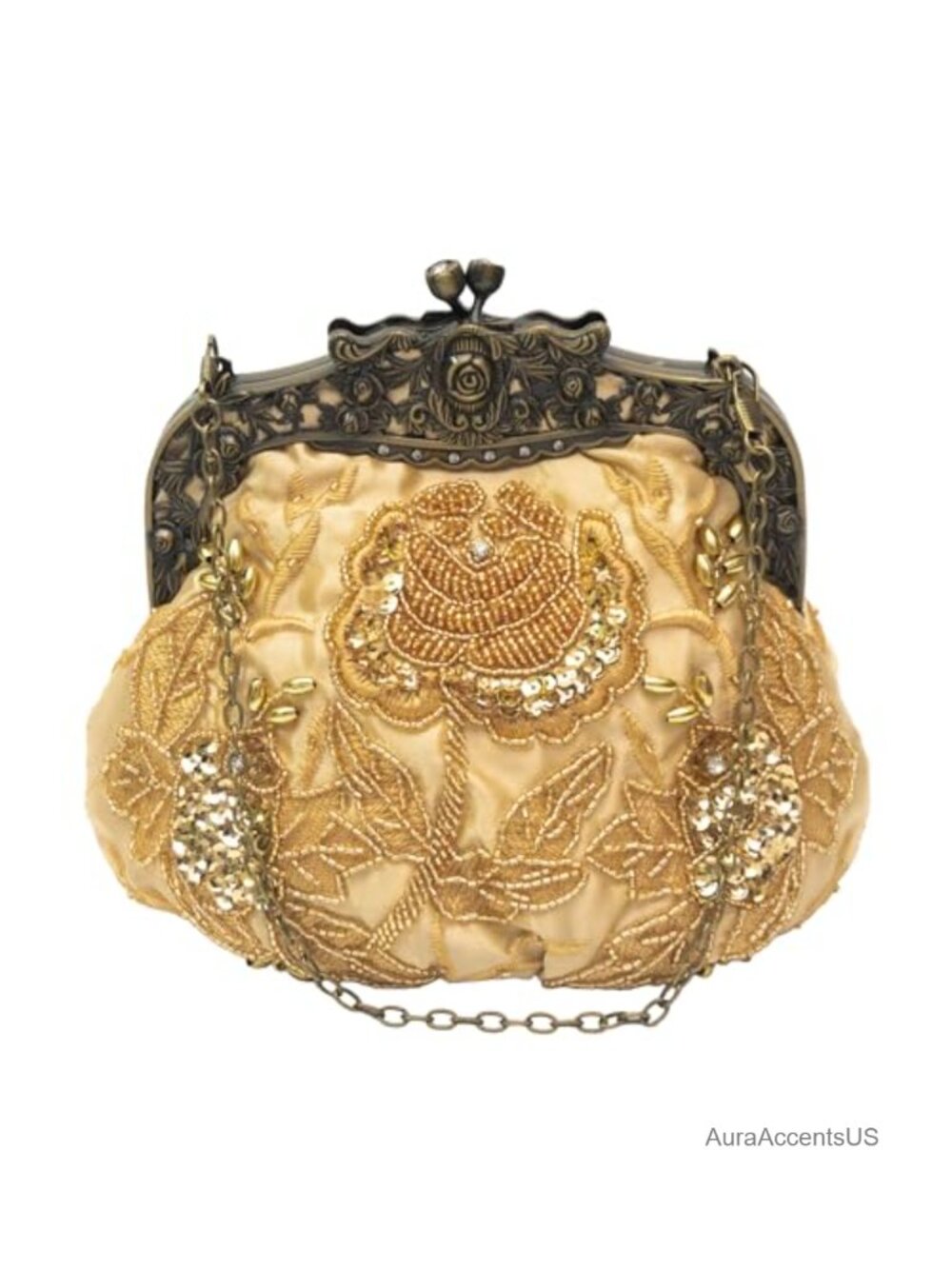 Handmade Beaded Rose Evening Clutch Kiss Lock Purse with Chain Wristlet